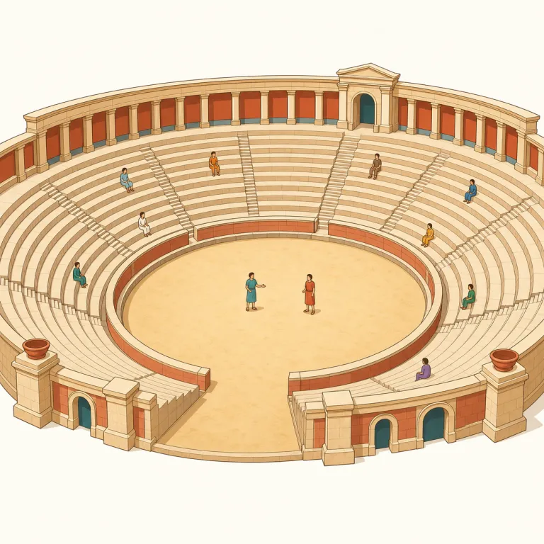 amphitheater（円形劇場・名詞）の覚え方イラスト — theater を知っていれば中心はすぐ見える語