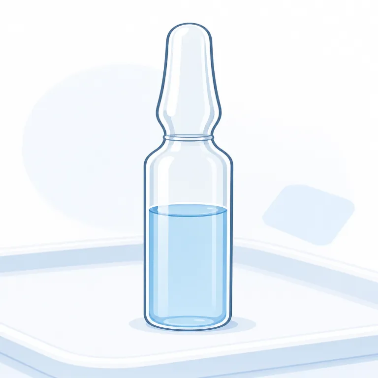 ampoule（アンプル・名詞）の覚え方イラスト — 日本語の「アンプル」とほぼ同形なので、まず音で定着しやすい単語です