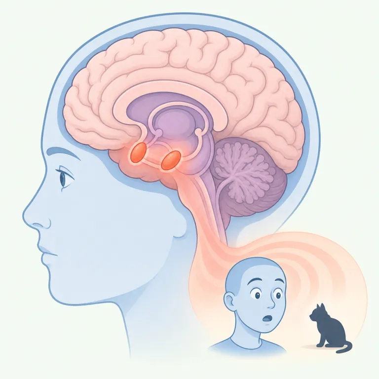 amygdala（扁桃体・名詞）の覚え方イラスト — 脳科学の記事で amygdala が出たら、単なる部位名ではなく「恐怖・不安への反応を強め、感情のこもった記憶にも関わる場所」と機能ごと覚えると定着しやすいです