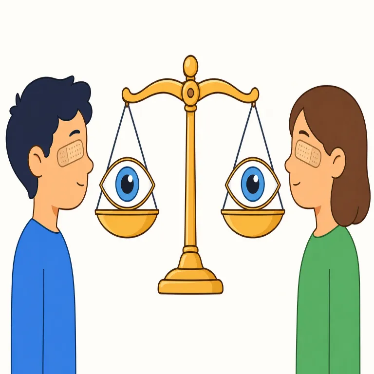 an eye for an eye（目には目を・イディオム）の覚え方イラスト — 「A for A」の左右対称の形を、そのまま“受けた害を同じ量・同じ形で返す”図として覚えると定着しやすい