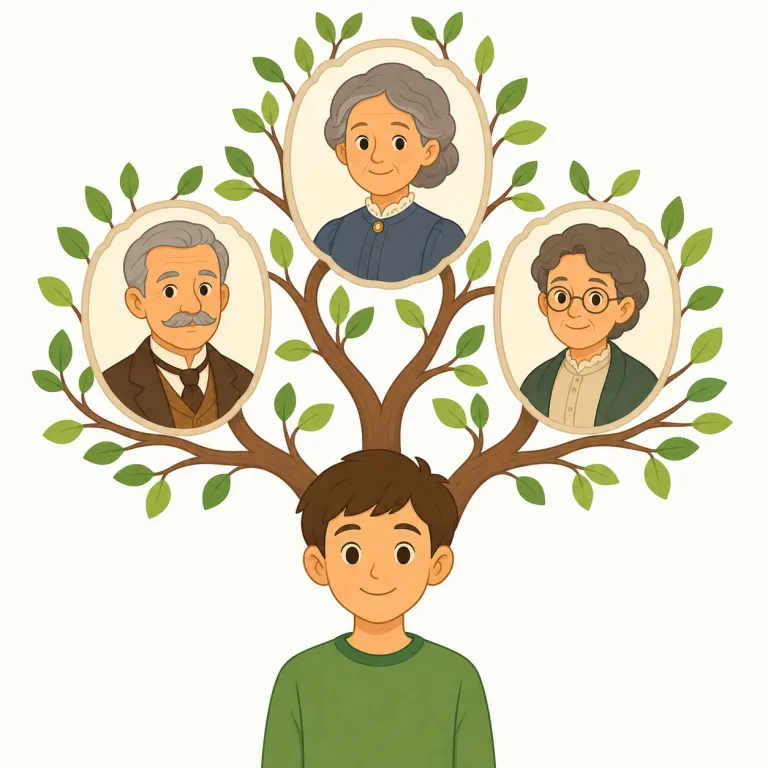 ancestor（祖先・名詞）の覚え方イラスト — ancestor は ancestry（家系・祖先）や ancestral（先祖伝来の）とまとめて覚えると定着しやすい語