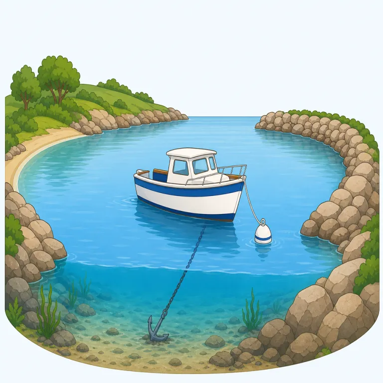 anchorage（停泊地・名詞）の覚え方イラスト — この項目の anchorage は、船が安全に錨を下ろして留まれる「停泊地」という意味です