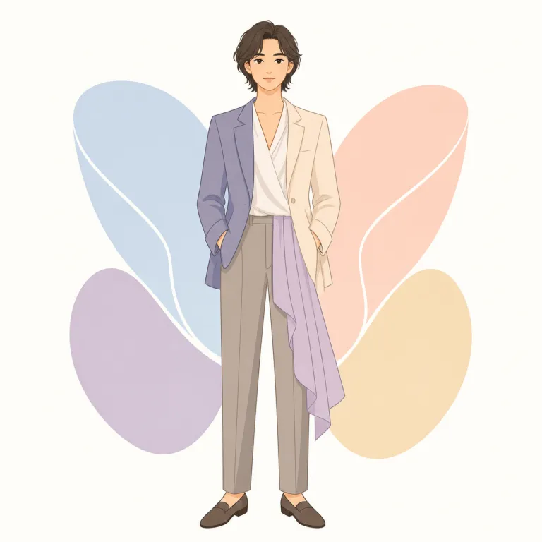 androgynous（中性的な・形容詞）の覚え方イラスト — android の andro-、gynecology の gyn- を見たことがあれば、androgynous は「男性側＋女性側の要素が同居した感じ」とまとめて覚えると…