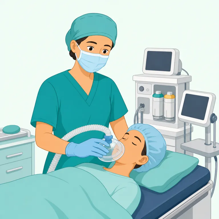 anesthesiologist（麻酔科医・名詞）の覚え方イラスト — anesthesiologist は長いですが、まず anesthesia（麻酔）を丸ごと見抜き、末尾の -ologist を「その分野の専門家」と取ると整理しやす…
