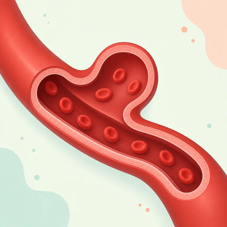 aneurysm（動脈瘤・名詞）の覚え方イラスト — この語は単体でこじ開けて覚えるより、"an aneurysm can rupture" をひとかたまりで持つと定着しやすいです