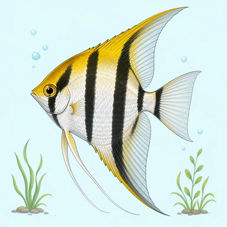 angelfish（エンゼルフィッシュ・名詞）の覚え方イラスト — angel と fish を見たら、まず意味を足し算するより、水槽の中で“羽のようなひれを広げた魚”の絵で覚えると残りやすいです