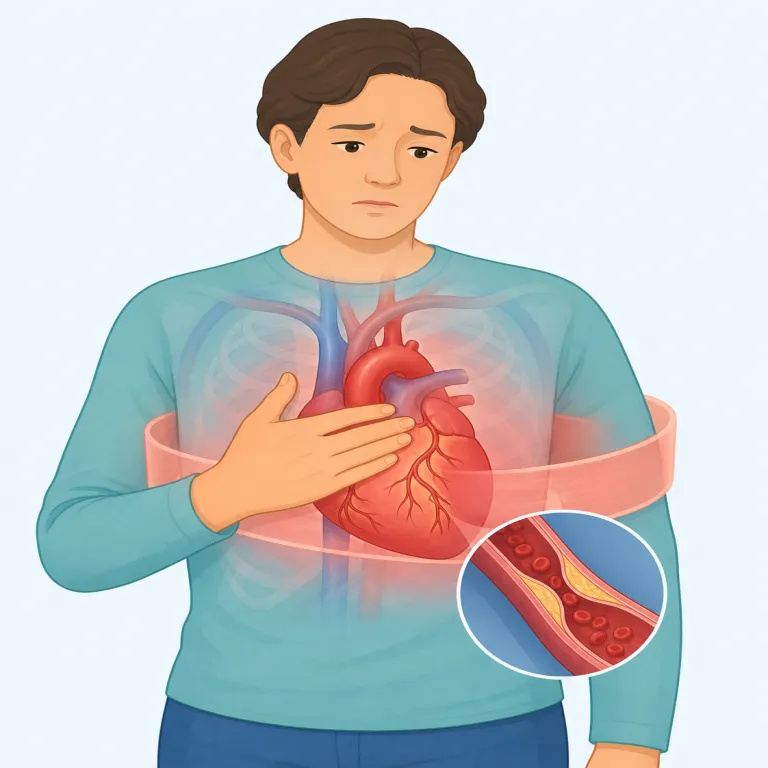 angina（狭心症・名詞）の覚え方イラスト — angina は「心臓の病名一般」ではなく、「血流不足で胸がぎゅっと締めつけられる状態」を映像で覚えると残りやすい