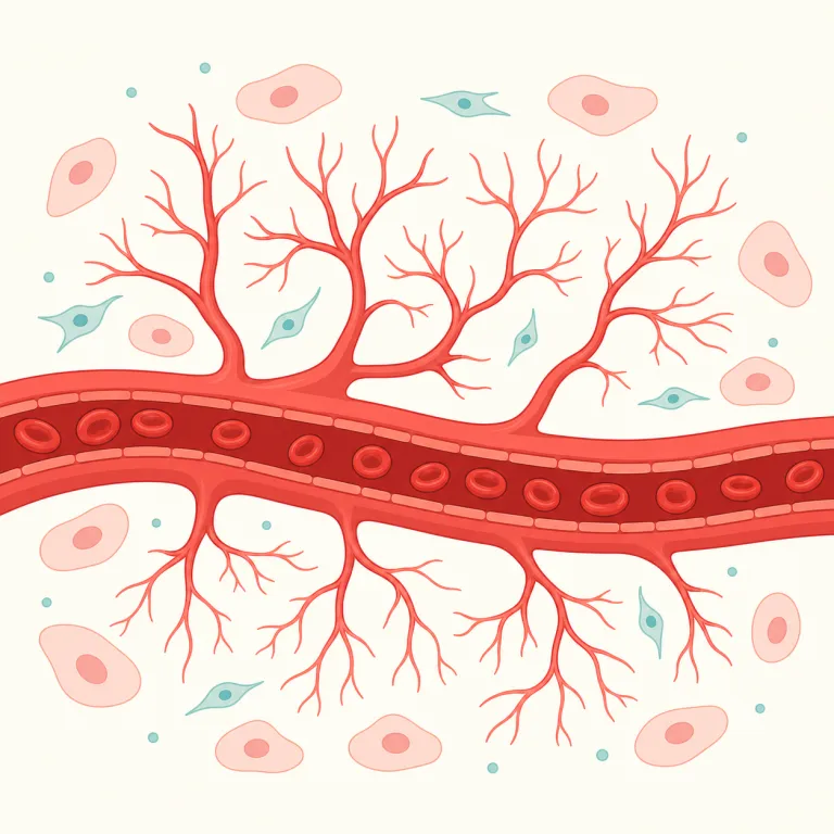 angiogenesis（血管新生・名詞）の覚え方イラスト — angio- を含む語は angiography（血管造影）など、血管まわりの医療英語でまとまって覚えると定着します