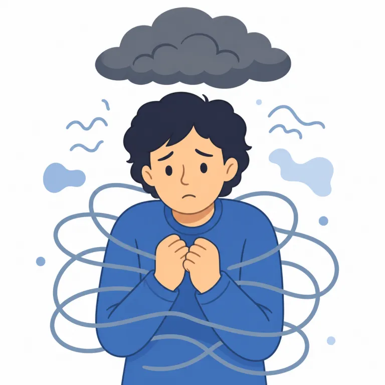 angst（不安・名詞）の覚え方イラスト — worry が具体的な心配、fear がはっきりした恐怖、anxiety が広く使える不安だとすると、angst はもっと内面寄りで「自分はこのままでいいのか」という重苦しいざわつき