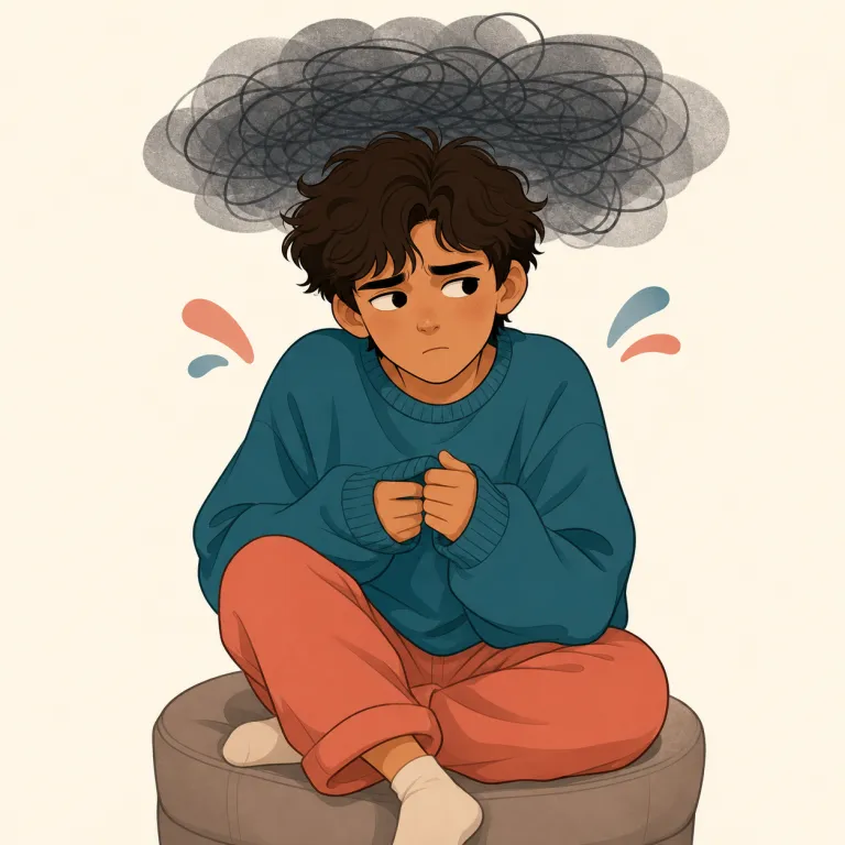 angsty（不安な・形容詞）の覚え方イラスト — 名詞 angst「漠然とした不安」に「〜の性質を持つ」を表す -y が付いた形と捉えると覚えやすい語です