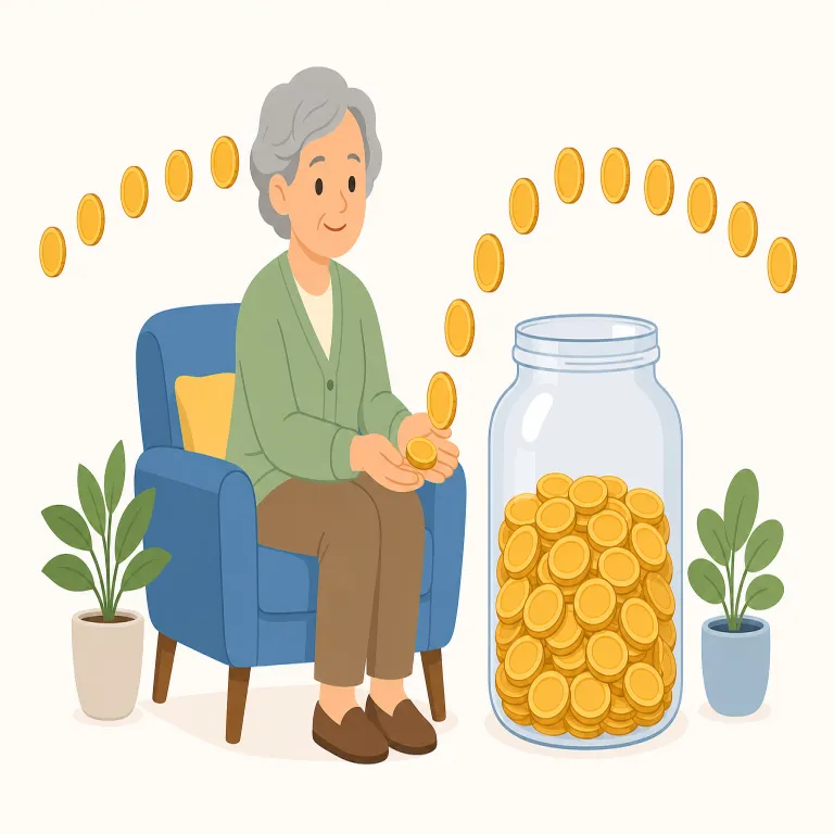 annuity（年金・名詞）の覚え方イラスト — annuity は、退職後にもらう pension 型の「年金」として覚えるとよいです