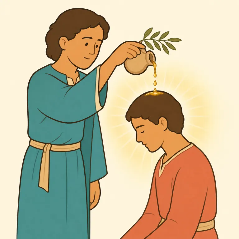 anointing（油注ぎ・名詞）の覚え方イラスト — anointing は動詞 anoint「油を塗って聖別する」から考えると覚えやすいです