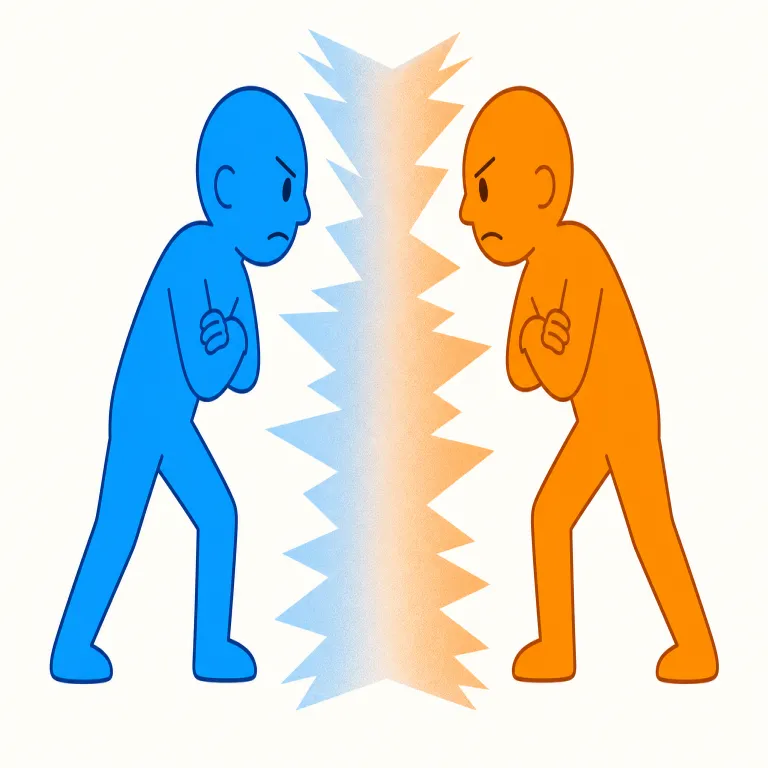 antagonistic（敵対的な・形容詞）の覚え方イラスト — antagonist（敵役・対立する人）を知っていれば、そこから広げて覚えやすい語です