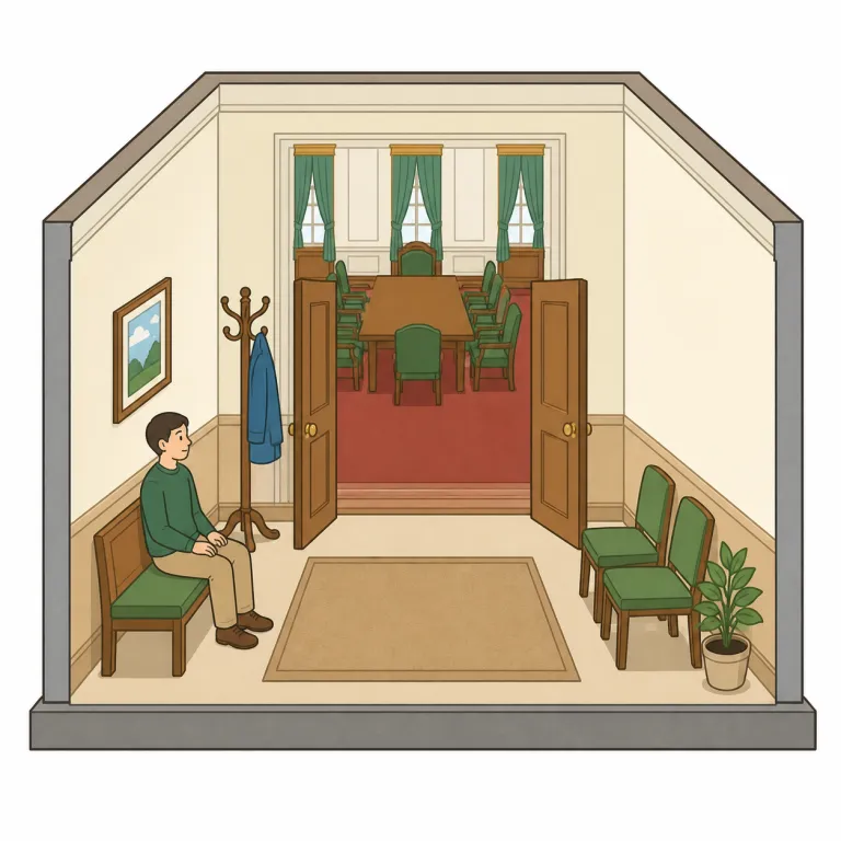 anteroom（前室・名詞）の覚え方イラスト — ante- は「前」を表す接頭辞で、anterior や antecedent を知っていると連想しやすいです