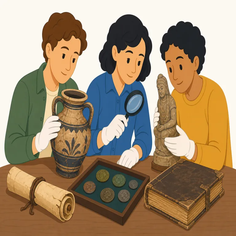 antiquaries（古物研究家・名詞）の覚え方イラスト — antiquaries は antique（骨董品）や antiquity（古代）と同じ「古いもの」の語族