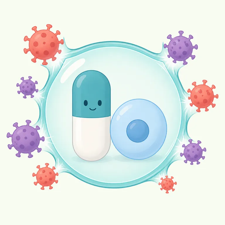 antiviral（抗ウイルス性の、抗ウイルスの・形容詞）の覚え方イラスト — anti- は「〜に対抗する」、viral は virus「ウイルス」の形容詞形と押さえると、そのまま「ウイルスに対抗する」が見える語です