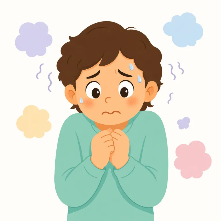 anxious（不安な・形容詞）の覚え方イラスト — anxious は、「悪いことが起こるかもしれない」と心が落ち着かない状態を表す形容詞です