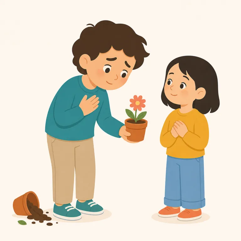 apologetic（申し訳なさそうな・形容詞）の覚え方イラスト — apology / apologize を知っていれば、その中心にある「謝る・謝罪する」という感覚から覚えやすい語