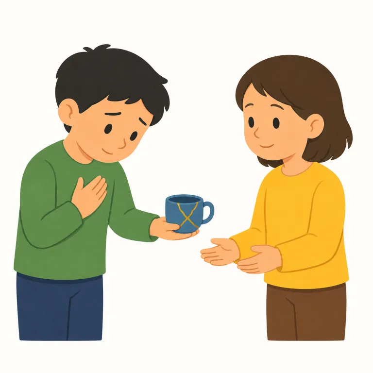 apologize（謝る・動詞）の覚え方イラスト — まず名詞 apology「謝罪」を知っていれば、-ize が付いて「謝罪する」という動詞だと取りやすいです