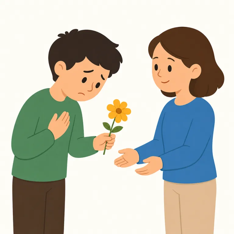 apology（謝罪・名詞）の覚え方イラスト — まず動詞 apologize を知っていれば、その名詞形が apology と押さえると覚えやすいです