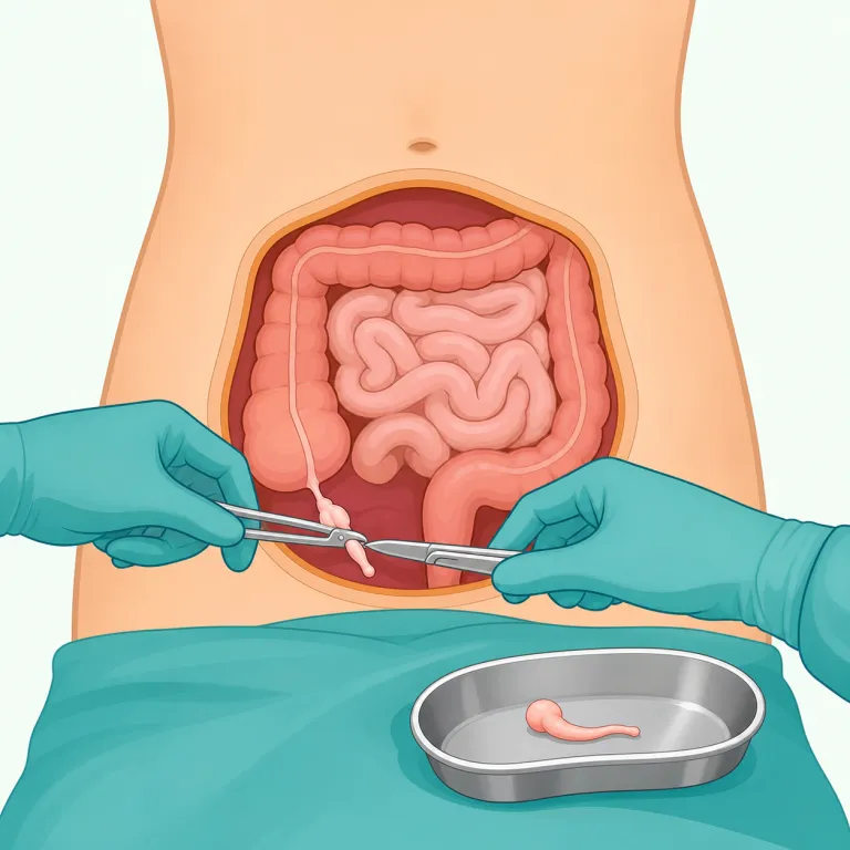 appendectomy（虫垂切除術・名詞）の覚え方イラスト — appendectomy は appendix + -ectomy で分けると覚えやすい