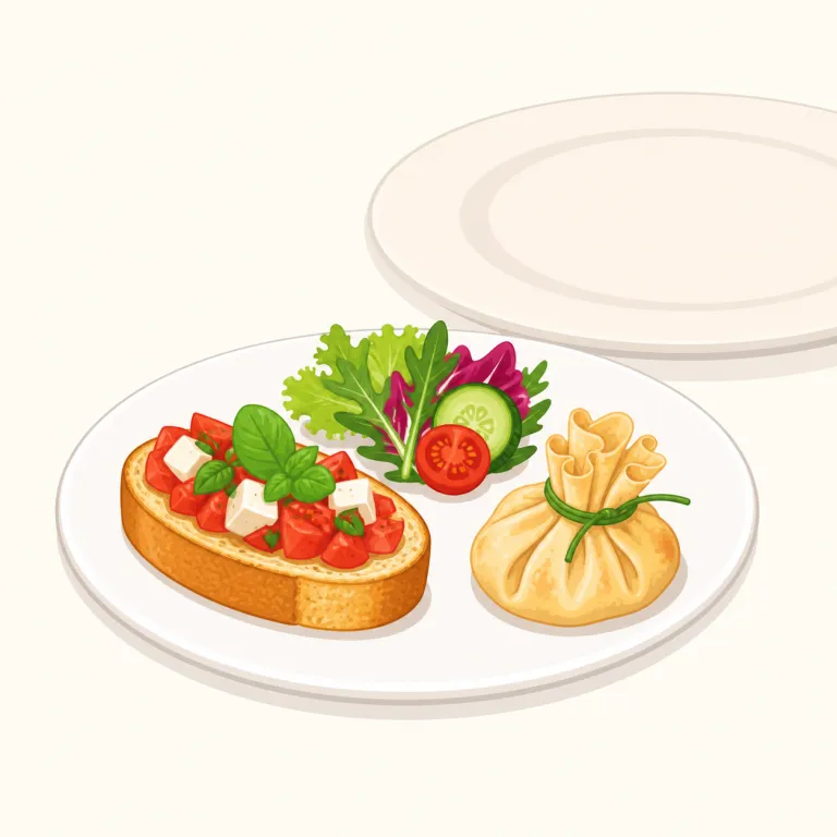 appetizer（前菜・名詞）の覚え方イラスト — この意味の appetizer は、レストランやコース料理で main course の前に出る小皿を指す「前菜」