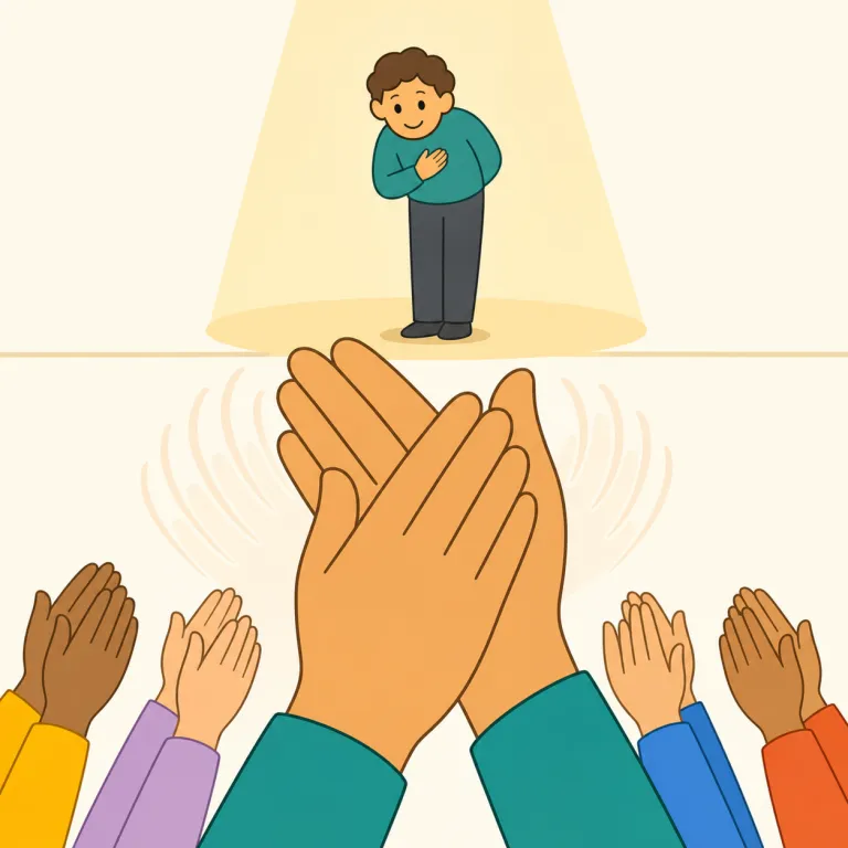 applause（拍手・名詞）の覚え方イラスト — このエントリでは `applause` を、評価そのものではなく、人々が手をたたいて出す「拍手」として覚えます