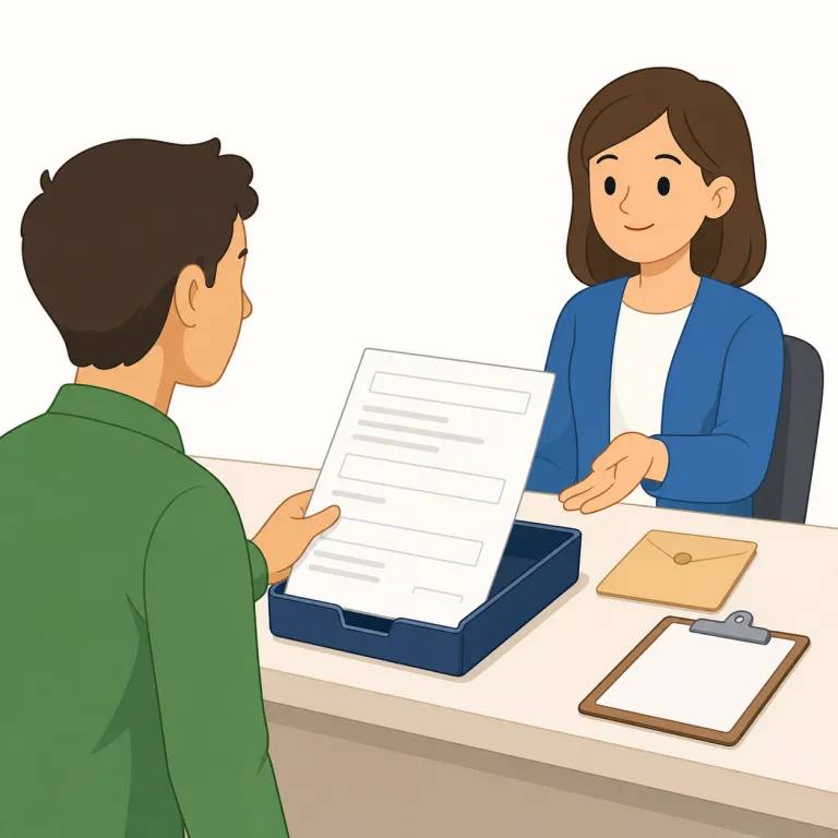 application（申し込み・名詞）の覚え方イラスト — この語では、窓口やウェブフォームに名前・経歴・希望内容を入れて送る場面を思い浮かべる