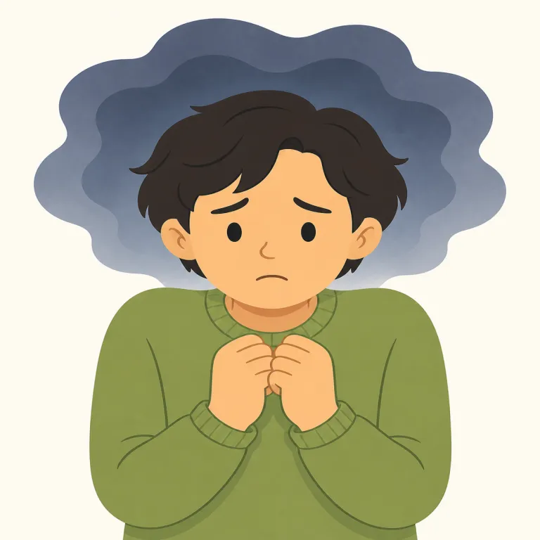 apprehension（不安・名詞）の覚え方イラスト — この意味の apprehension は「理解」ではなく、これから起こることを悪い方向に予感して感じる「不安」を表します