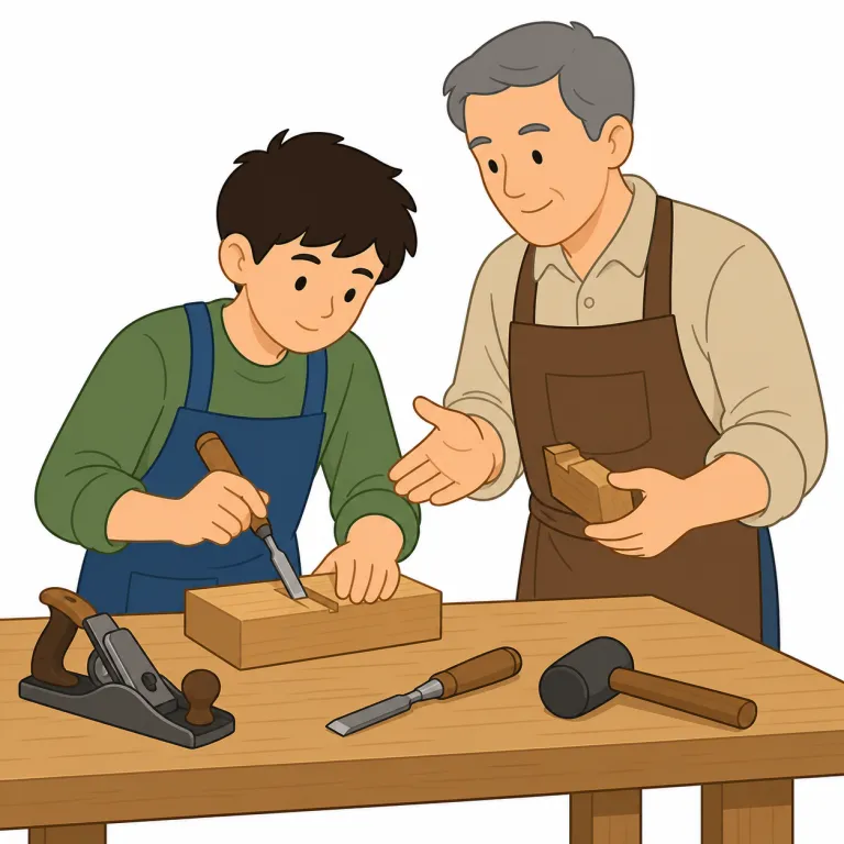 apprentice（見習い・名詞）の覚え方イラスト — apprentice は「仕事をしながら一人前になる前段階の人」とまとめると覚えやすいです