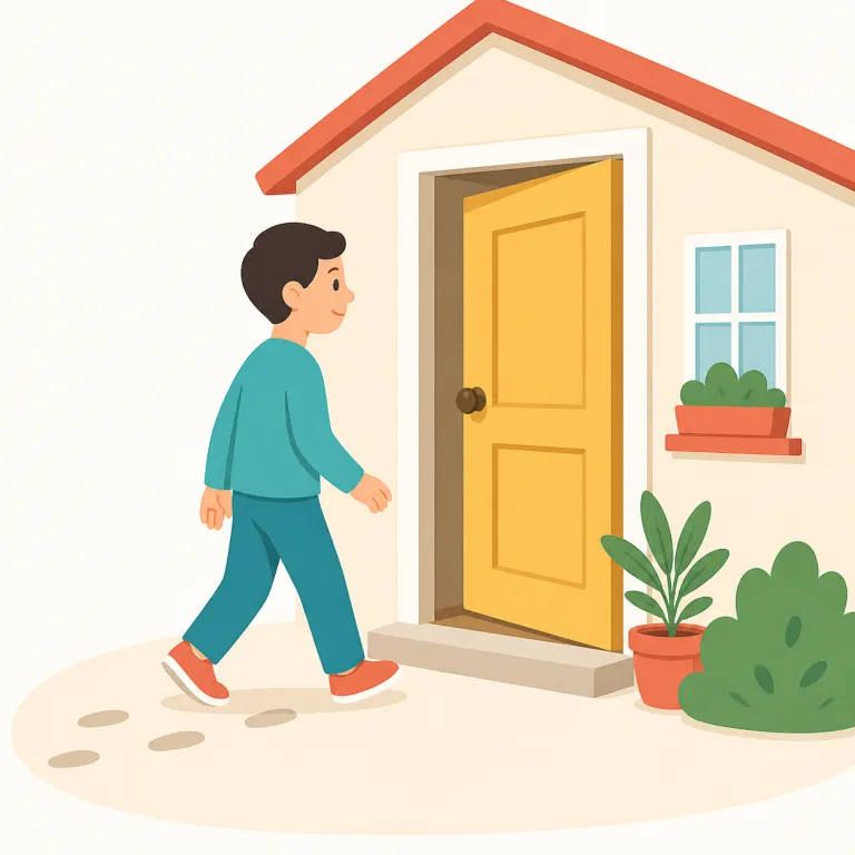 approach（近づく・動詞）の覚え方イラスト — 動詞では「目標に向かって距離を縮める」動きを中心に覚えます