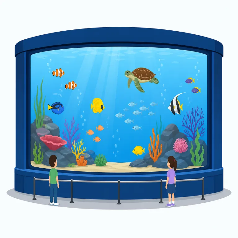 aquarium（水槽・名詞）の覚え方イラスト — この意味の aquarium は、部屋に置いて水を入れ、fish, plants, gravel, filter などをそろえる具体的な容器を思い浮かべると定着します