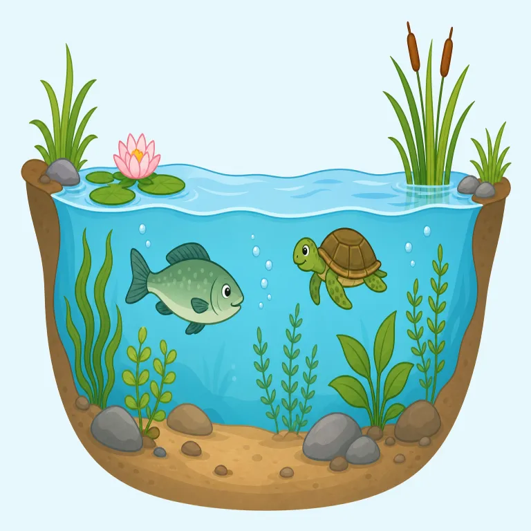 aquatic（水生の・形容詞）の覚え方イラスト — この aquatic は、基本義の「水中の」とは別に、生物が水の環境で生活・成長するという「水生の」を表す用法です