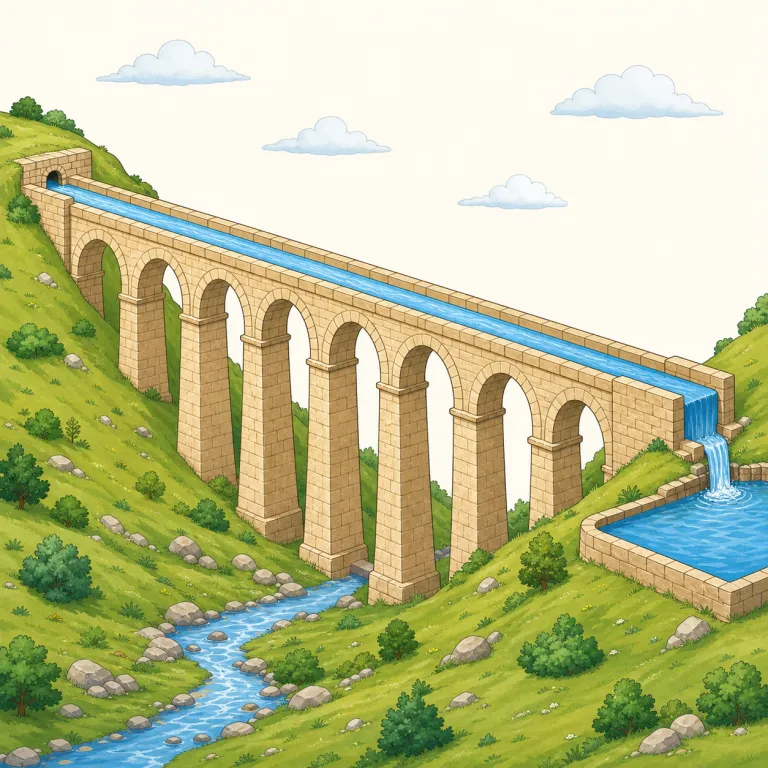 aqueduct（導水路・名詞）の覚え方イラスト — aqueduct は「橋」そのものより「水を運ぶ通り道」として覚えると残りやすい語です
