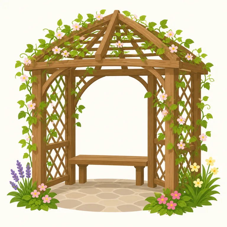 arbor（あずまや・名詞）の覚え方イラスト — このエントリの arbor は、庭や公園に置かれる屋根付きの小さな休憩所「あずまや」を指す意味として覚えます