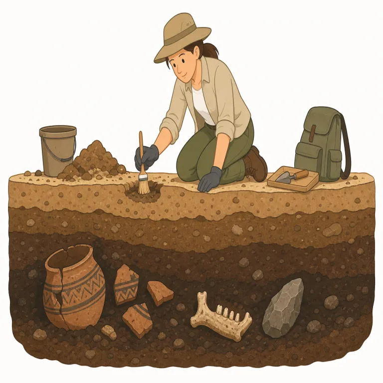 archaeological（考古学的な・形容詞）の覚え方イラスト — archaeology（考古学）を知っていれば、その形容詞形が archaeological