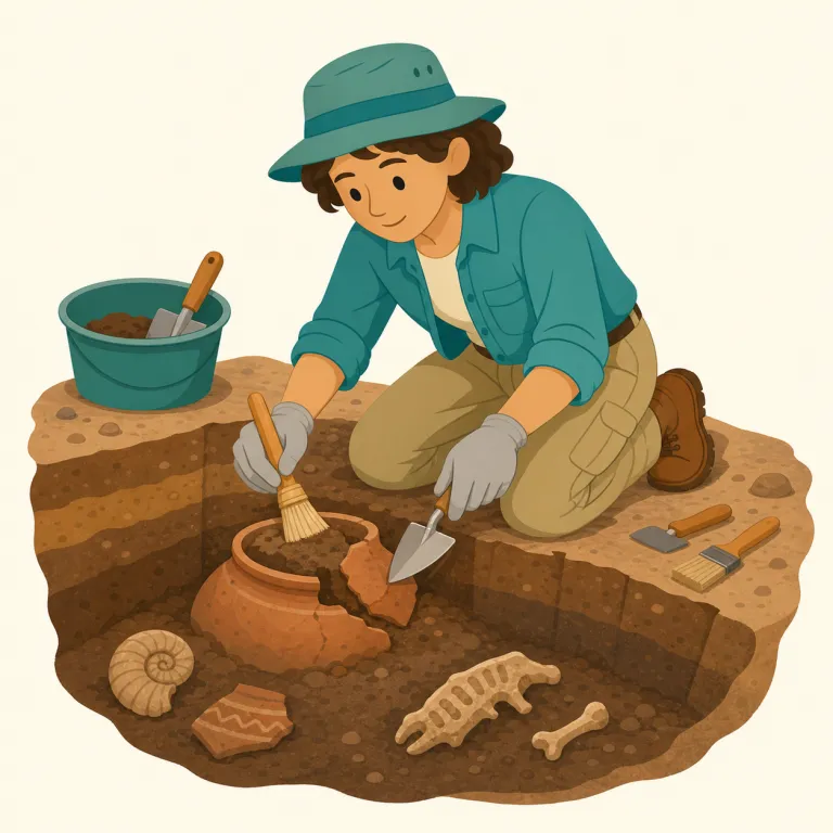 archaeologist（考古学者・名詞）の覚え方イラスト — まず語尾の -ologist を biology, geologist などと同じ「研究する人」の型として覚えると、長い語でも分解して見やすくなります