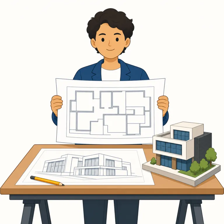 architect（建築家・名詞）の覚え方イラスト — architect は「建築家」、つまり建物の構想や図面を考える専門職を指します