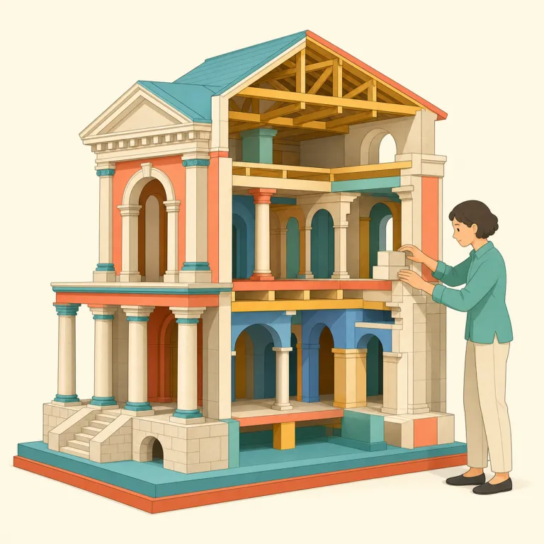 architecturally（建築的に・副詞）の覚え方イラスト — まず `architect`（設計する人・建築家）と `architecture`（建築）を土台にすると覚えやすい語です