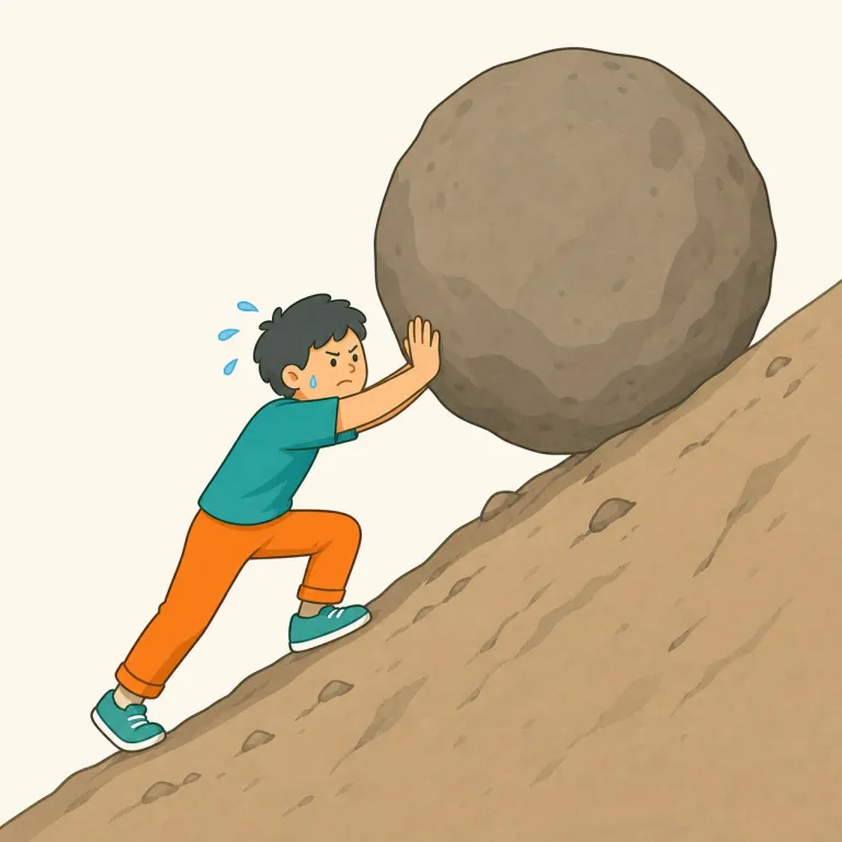 arduously（苦労して・副詞）の覚え方イラスト — arduous は「険しくて骨が折れる」、-ly は「そのように」を表します