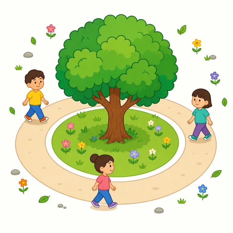 around（〜の周りに、あちこちに、およそ）の覚え方イラスト — round「丸い・ぐるっと」を知っていると覚えやすい語です