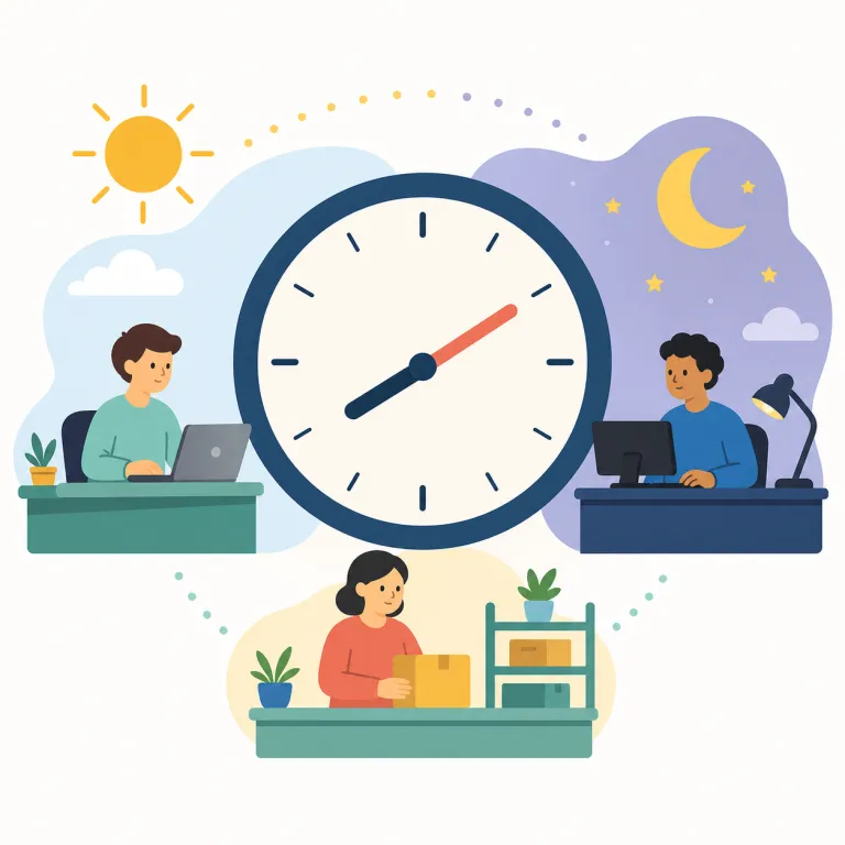 around the clock（休みなく・イディオム）の覚え方イラスト — around the clock は「時計を一周するように」24時間ずっと続くイメージの idiom です