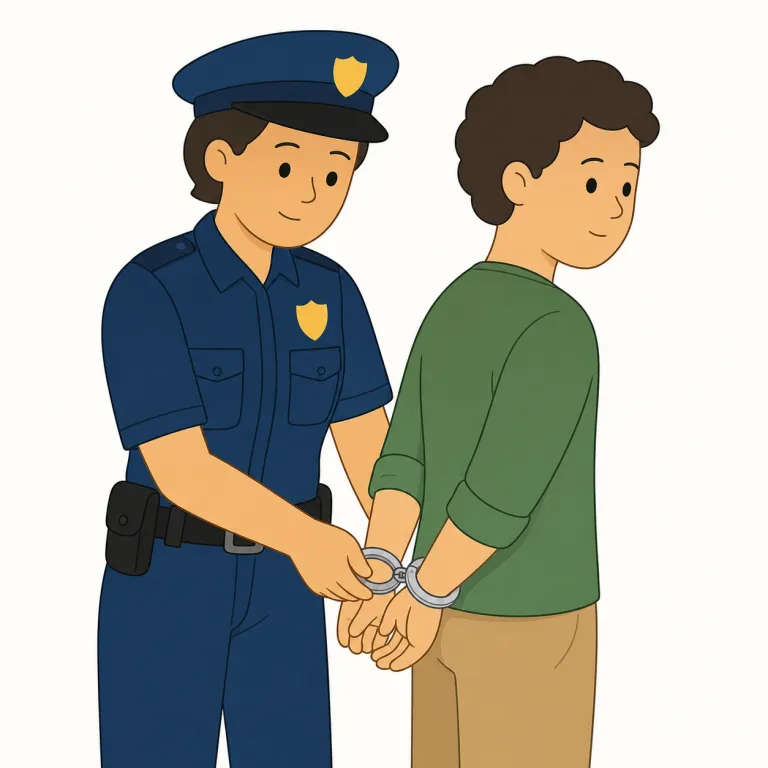 arrest（逮捕・名詞）の覚え方イラスト — 名詞の arrest は、動詞の「逮捕する」という行為が一つの出来事や手続き名になった語です