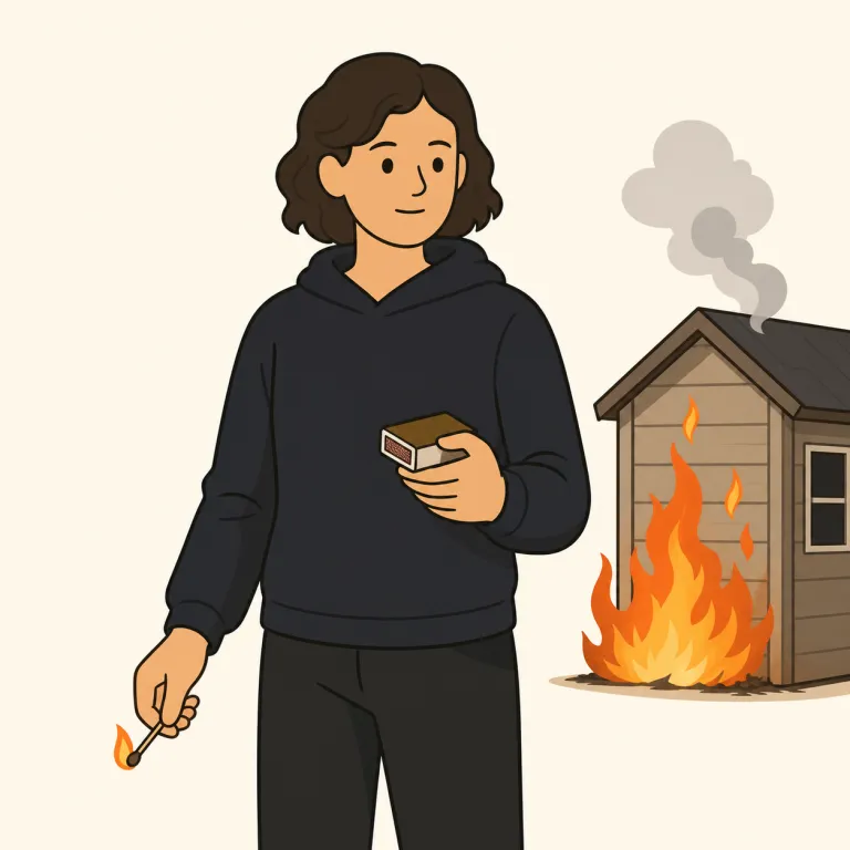 arsonist（放火犯・名詞）の覚え方イラスト — arsonist は arson「放火」+ -ist「〜する人」と分けると覚えやすい