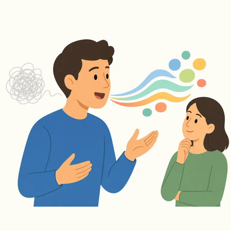 articulate（はっきり述べる・動詞）の覚え方イラスト — articulate は「関節でつなぐ」という物理的な発想から、ばらばらの考えを言葉でつなぎ、形にするイメージで覚えるとよいです