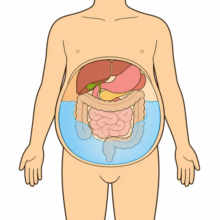 ascites（腹水・noun）の覚え方イラスト