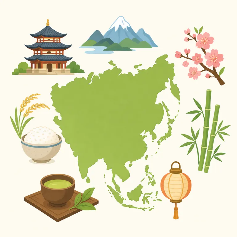 Asian（アジアの・形容詞）の覚え方イラスト — Asian cuisine, Asian art, Asian markets のように、後ろの名詞に「アジア関連の」という色を付ける働きをします