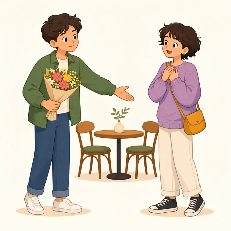 ask a out（デートに誘う・句動詞）の覚え方イラスト — ask は基本語なので、まず「相手に声をかける」が土台
