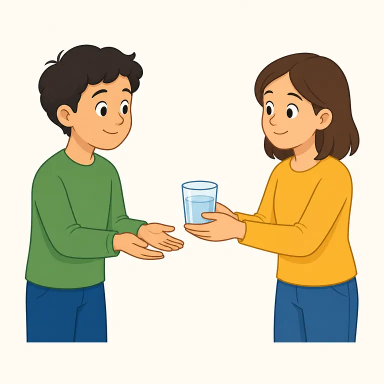 ask for（求める・句動詞）の覚え方イラスト — ask は「尋ねる」ですが、for が付くと視線は答えではなく「欲しいもの」へ向かいます