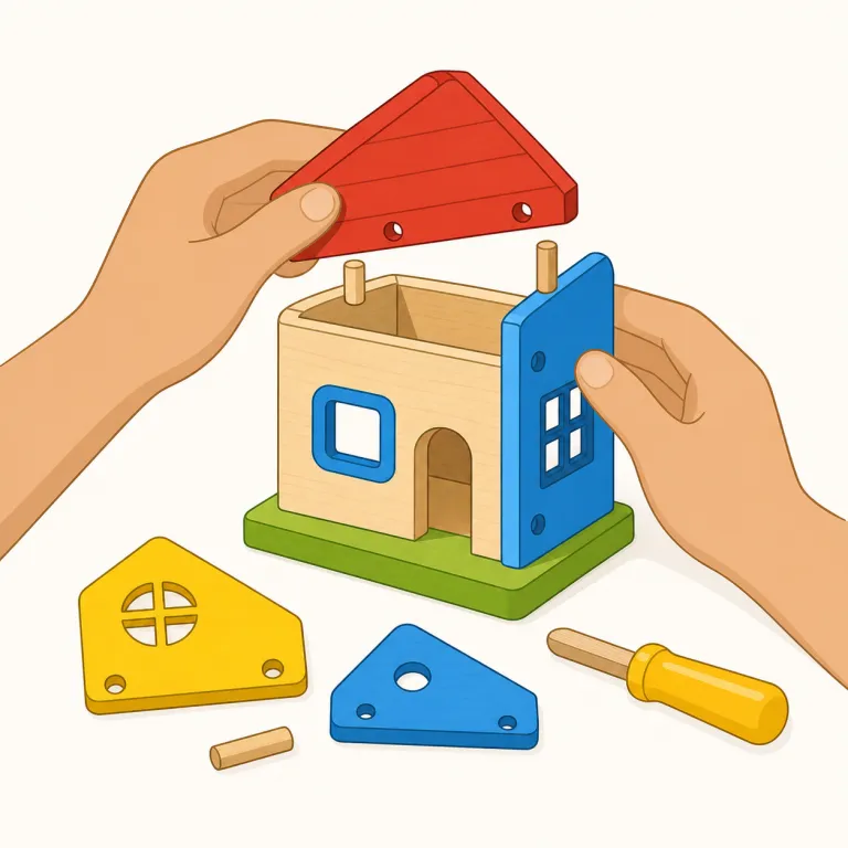 assemble（組み立てる・動詞）の覚え方イラスト — assemble の「組み立てる」は、ばらばらの部品を順序よく合わせて一つの完成品にする動作として覚えると安定します